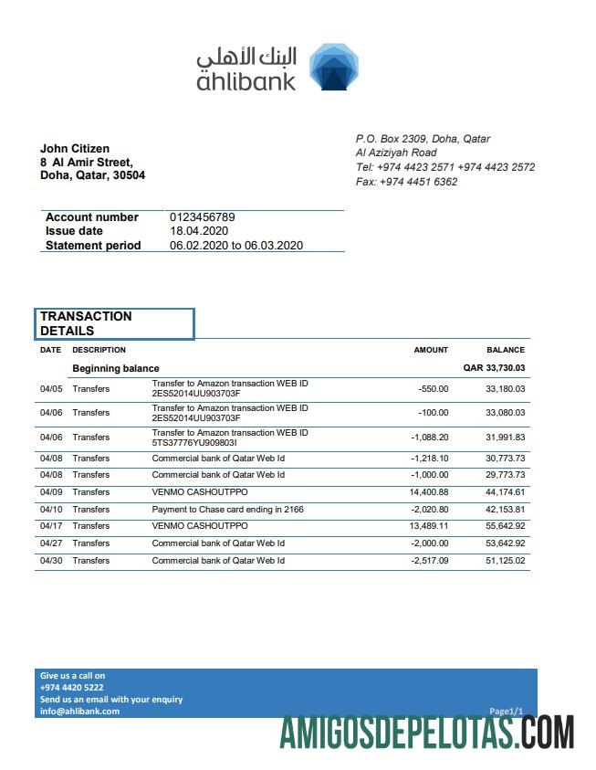 modelo de comprovante de endereço bancário em branco Qatar Ahlibank em formato Word e PDF, formato .doc e .pdf